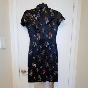 Chinese dress . Black with yellow, gold blue flowers.